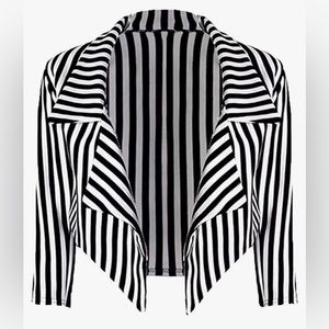 ¾ Sleeves Open Front Stripes Cropped Waterfall Crop Blazer Jacket